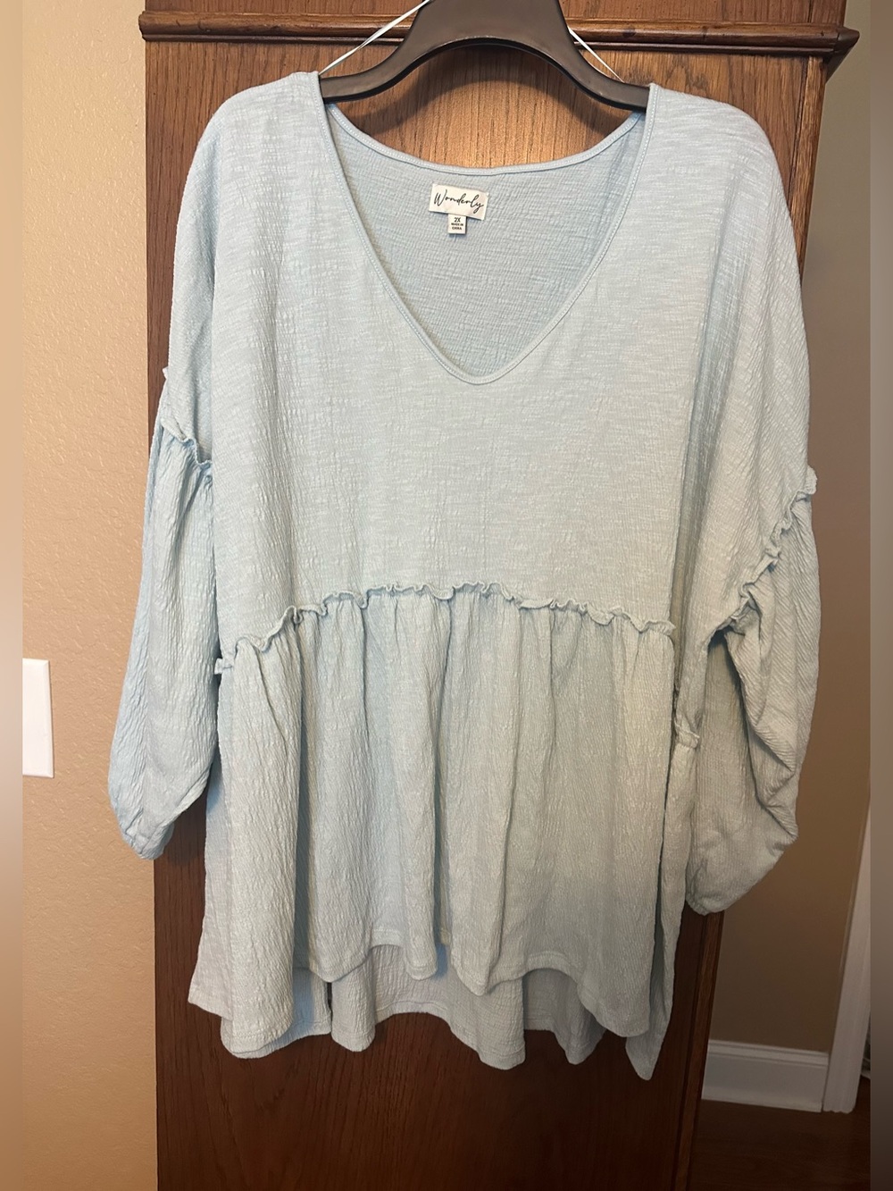 Wonderly Light Mint Green V-Neck Ruffle Peplum BabyDoll Top